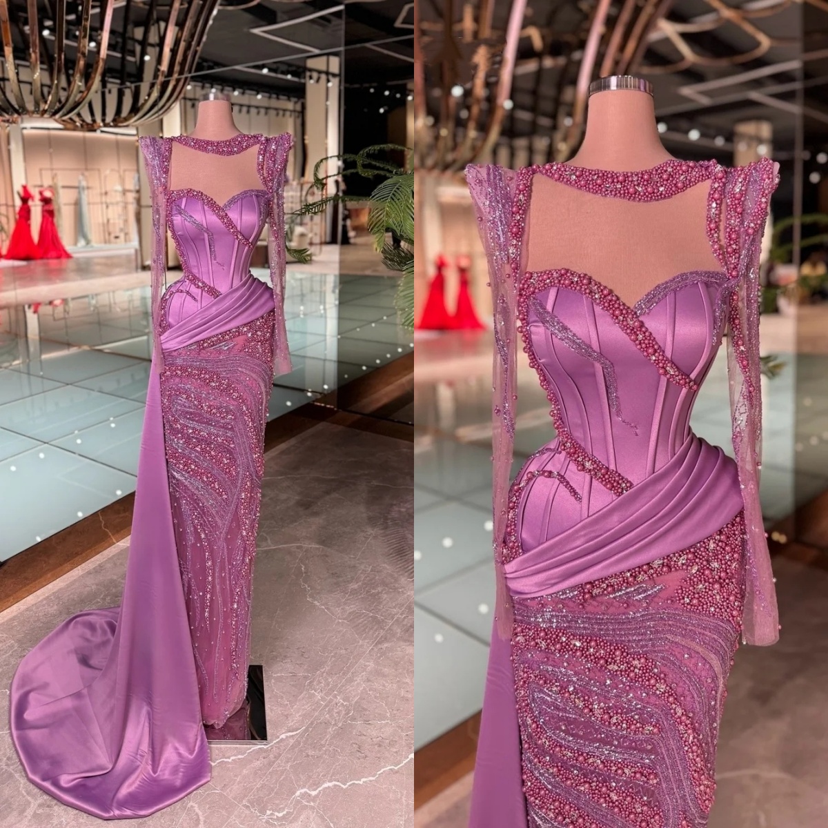 Vintage O Neck Evening Dresses Pearls Prom Gowns Crystal Beading Sequins Long Sleeves Princess Sweep Train Customized Vestidos De Noche Plus Size