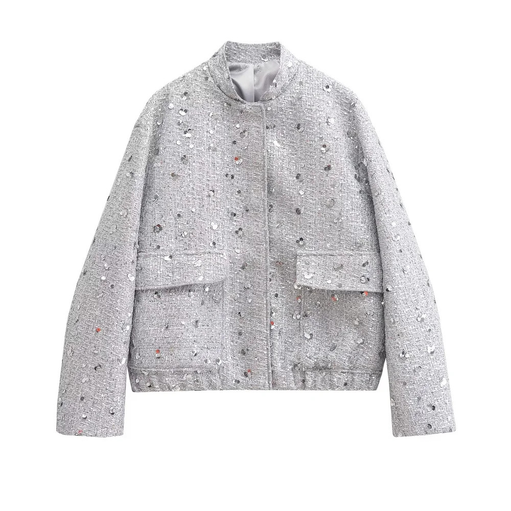 UNIZERA Autumn Product Casual Womens Fashion Simple Round Neck Long Sleeve Silver Glitter Coat Top 250820