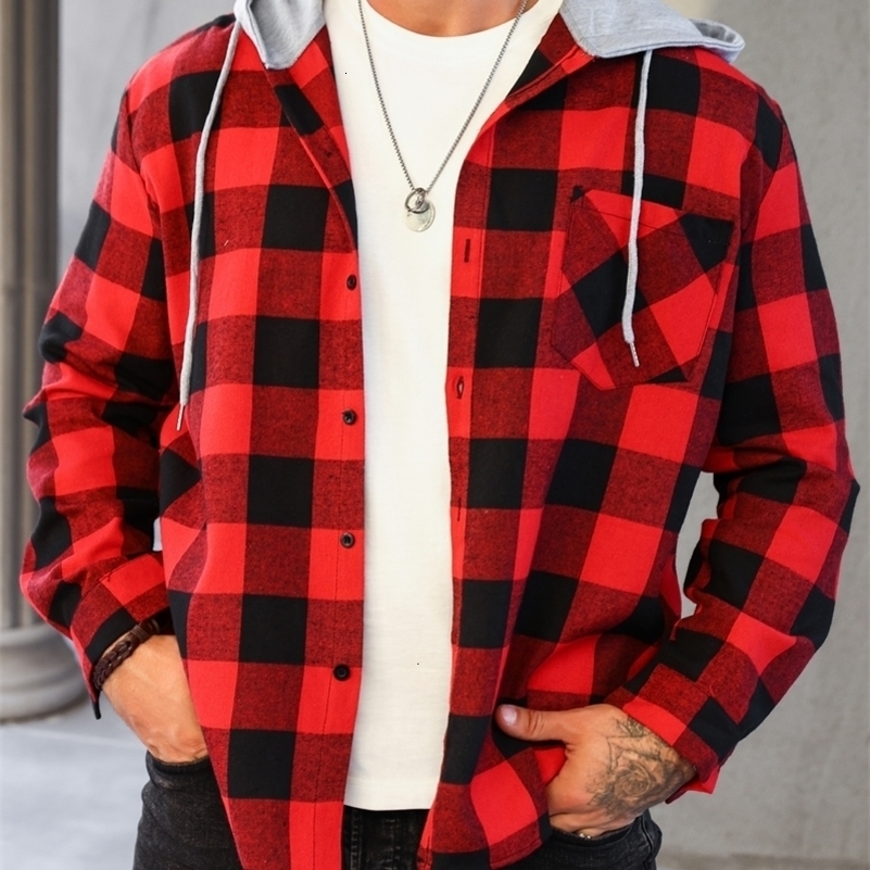 Mens Colorful Plaid Hooded Cardigan Color Block Sweatshirt with Pockets Top Jacket 250814