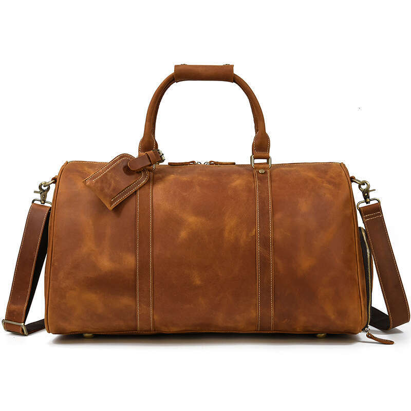 Men's Crazy Horse Travel Top Layer Cowhide Handbag Casual Gym Genuine Leather Shoe Slot Luggage Bag
