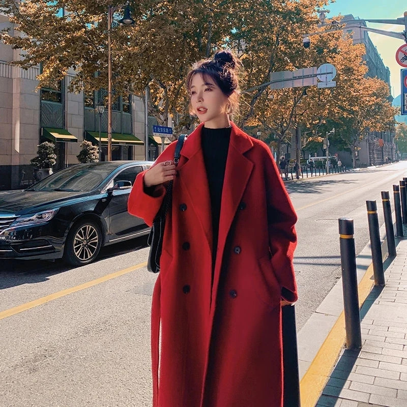 Winter Autumn Christmas Red Black Loose Long Wool Coat Jacket Belt Woolen Overcoat Korean Women Split Hem Cardigan Outerwear 250820