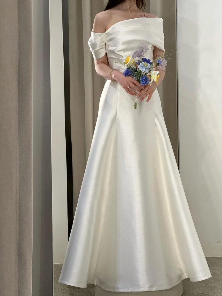 Off-Shoulder Simple Wedding Dress A-Line Satin Formal Bride Gown Bridal Plus Size Floor Length Custom Made Color/Size
