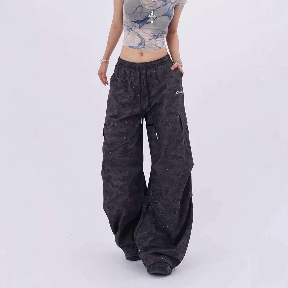 American High Street Camouflage Cargo For Women Loose Drawstring Hip Hop Jazz Dance Shiny Sports Pants Trendy B5