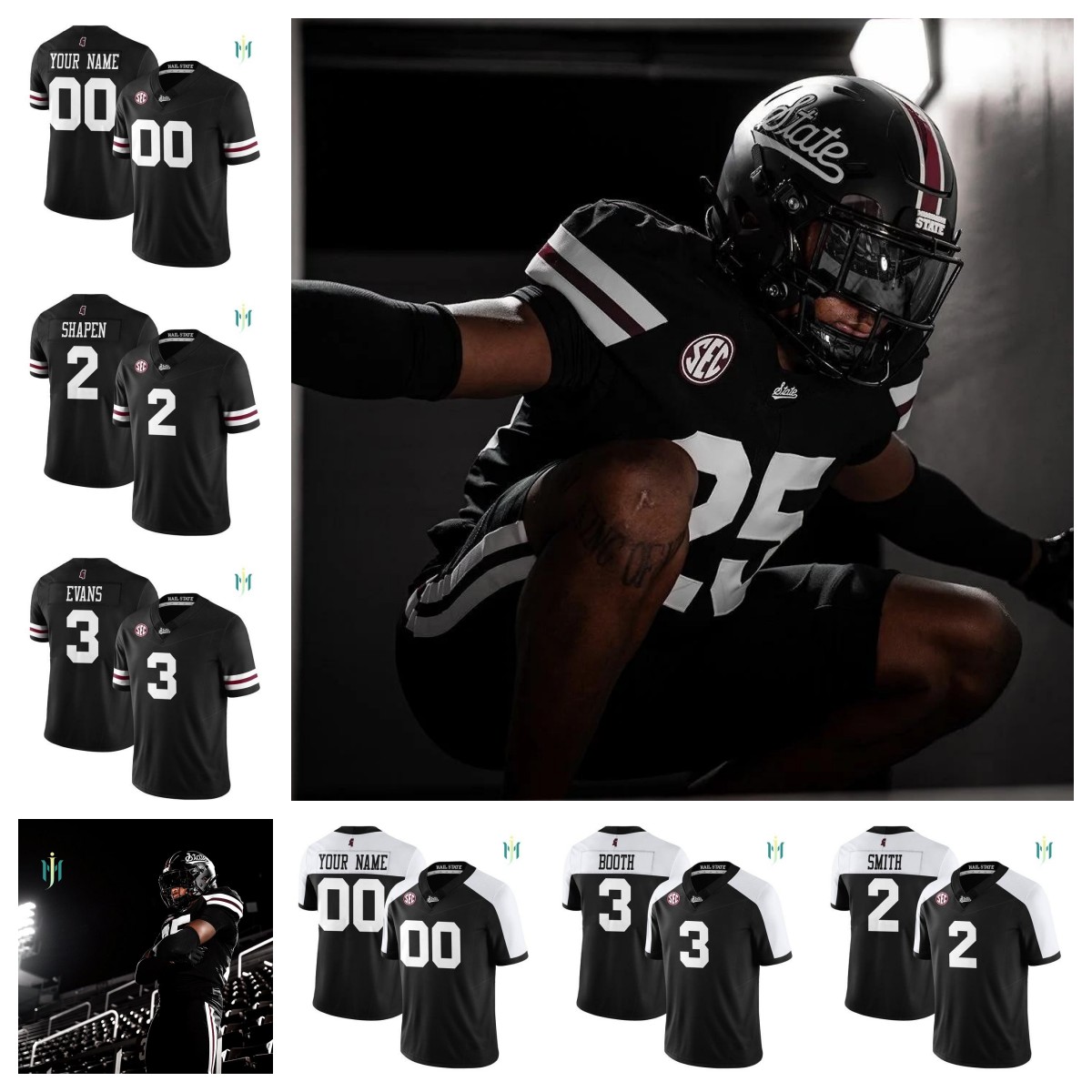 2025 Mississippi State "Darkness" Men's women youth custom Football Jersey - stitched Isaac Smith Blake Shapen Davon Booth Fluff Both