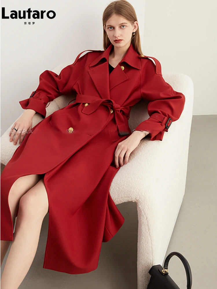 Lautaro Spring Autumn Long Retro Elegant Chic Flowy Casual Trench Coat for Women Belt Double Breasted Loose Overcoat 250818