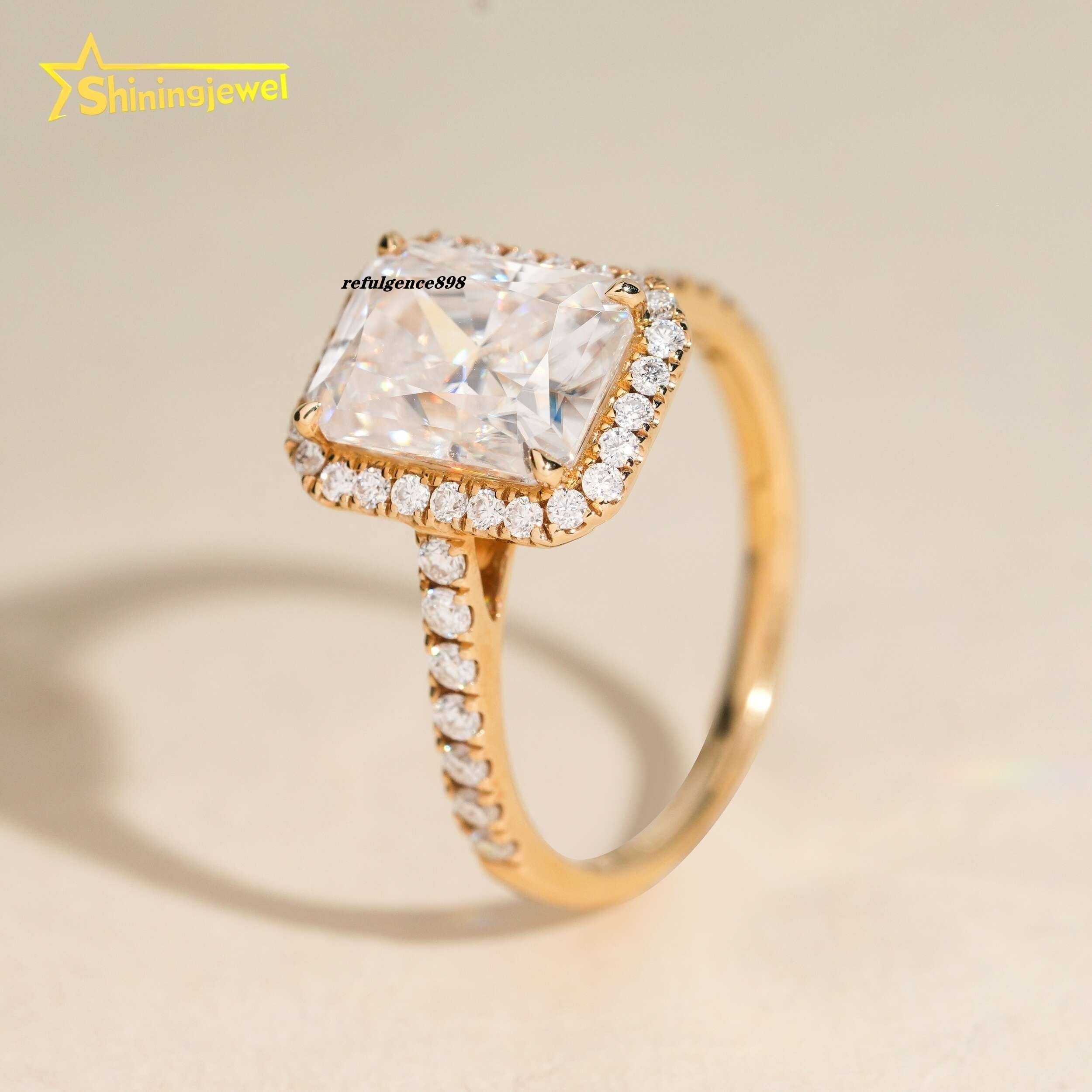 Hot Selling Halo Design Radiant Cut 14k Solid Gold Moissanite Engagement Ring for Women