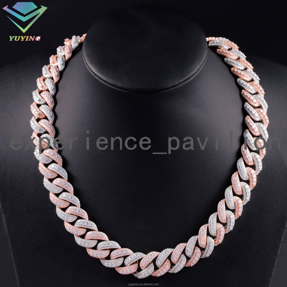 Iced Out Jewelry 2tones Hip Hop 3 Rows 18mm Width 925 Sterling Silver VVS Moissanite Diamond Miami Cuban Link Chain