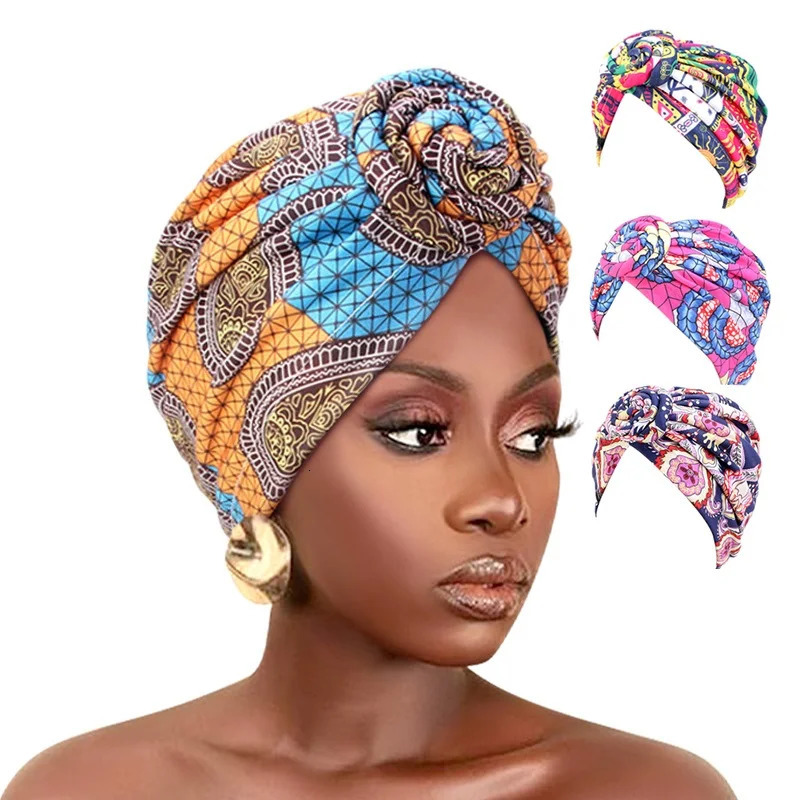 African Print Pleated Turban Floral Beanie Pre Tied Front Knot Elastic Head Wrap Elegant Women Chemo Cap Bandana Headwear250812