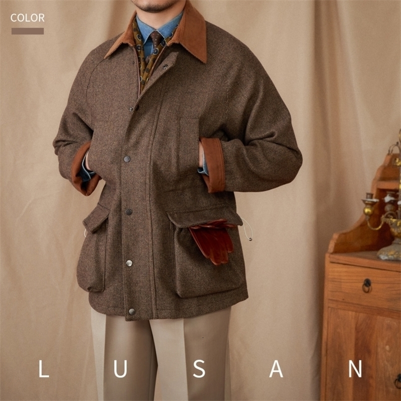 Italian Autumn and Winter 50 Wool Hunting Jacket Allmatch Stitching Collar Warm Retro for Men 250814