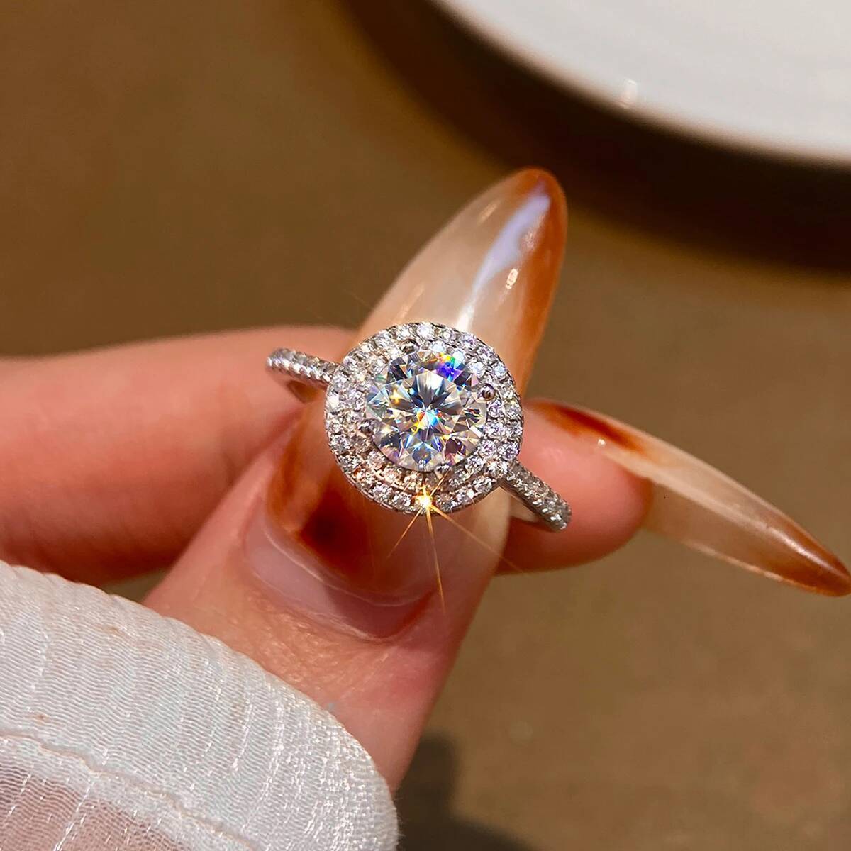 KNB 1CT Gorgeous Double Layer Moissanite Diamond Halo Ring for Women Real 925 Sterling Silver Engagement Wedding Luxury Jewelry
