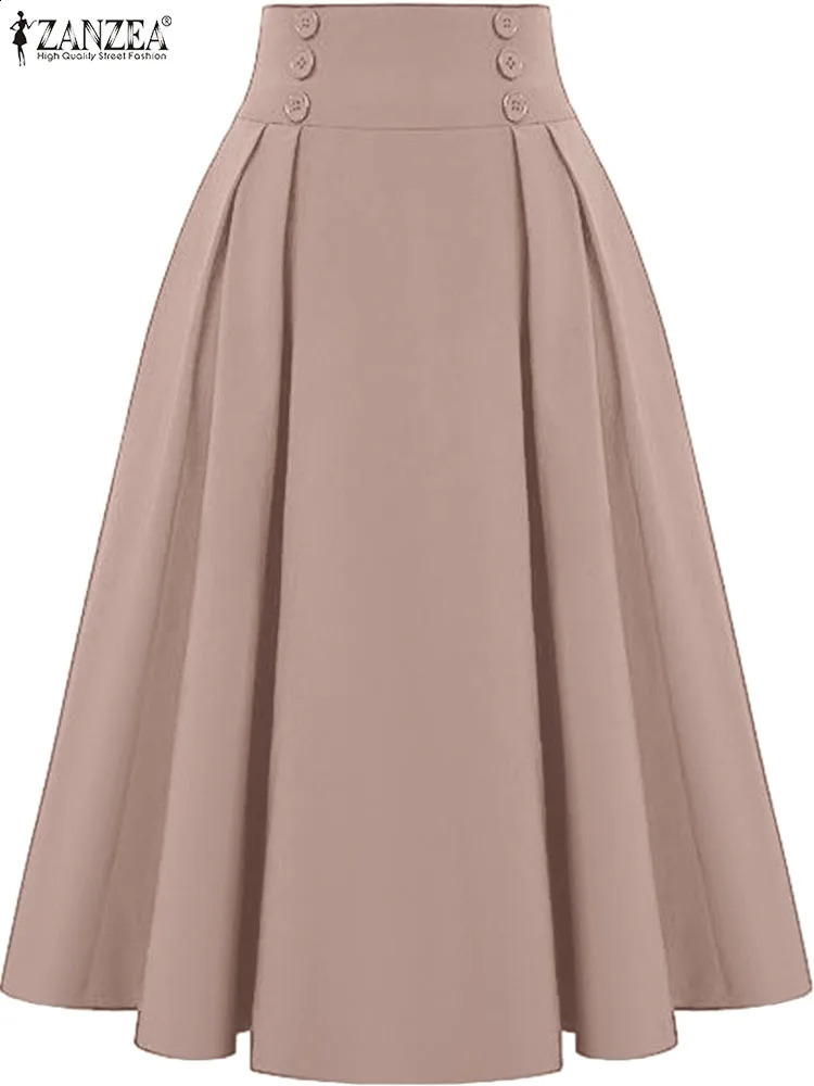 ZANZEA Women Solid Long Skirts Vintage High Waisted Pleating Jupe 2024 Summer Spring A-line Skirts Fashion Buttons Maxi Faldas250820