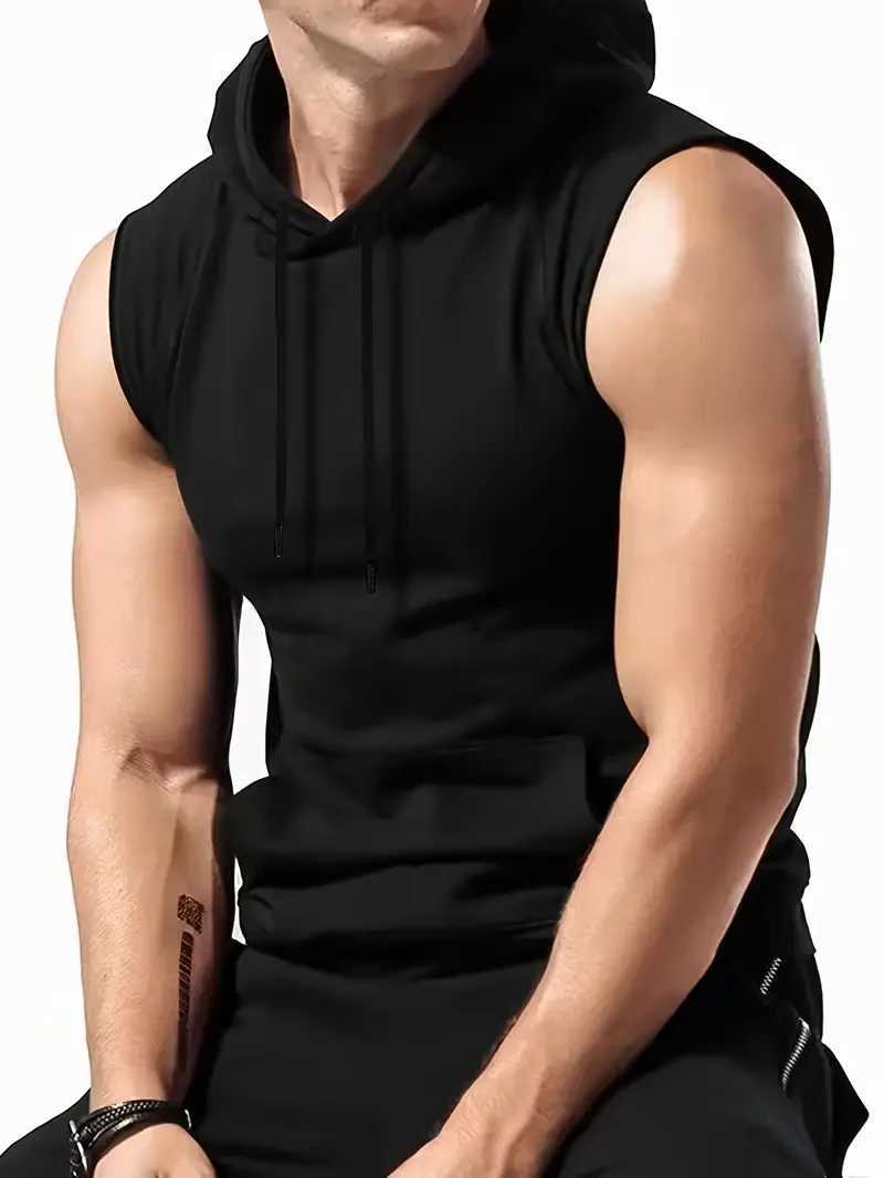 Mens Summer Solid - Color Black Hooded Drawstring Vest with a Simple and Casual Style This Vest Is a Perfect Choice for Men X250821