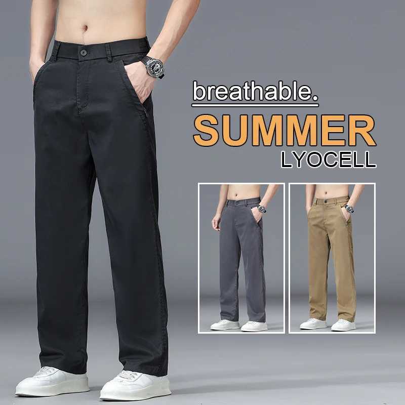Mens Lyocell Loose Straight Elastic Trousers 2025 Summer Autumn Simple Solid Color Zipper Pocket Casual Pants Plus Size 38 XJ250821