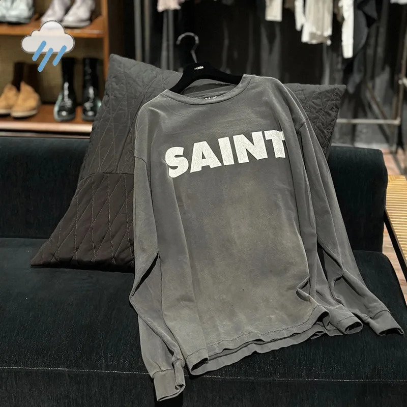 High Quality Cotton Oversized Saint T-Shirt Men Women Vintage Washed Black Classic Crack Print Long Sleeved T Shirt 250818