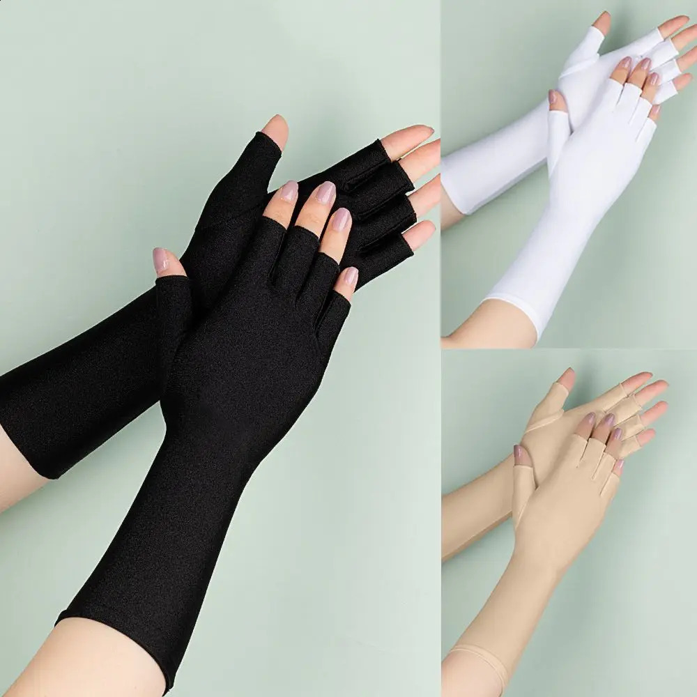 1Pair Sunscreen Protection Fingerless Long Glove Arm Cool Summer Solid Mittens Half Finger Sleeves Black White Nude 250811