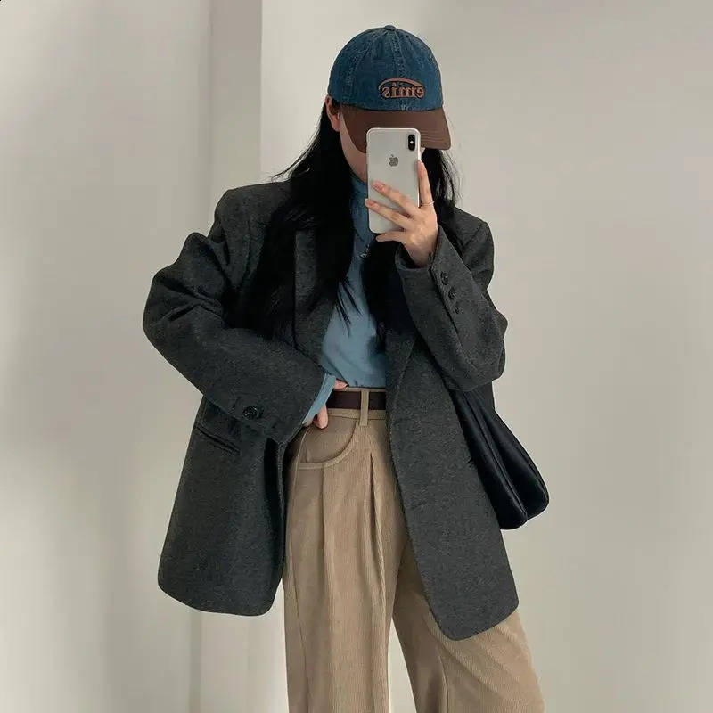 French High-grade Suit Collar Single-breasted Tops Loose All-match Solid Long-sleeved Jackets Autumn Winter Woolen Coat Woman 250821
