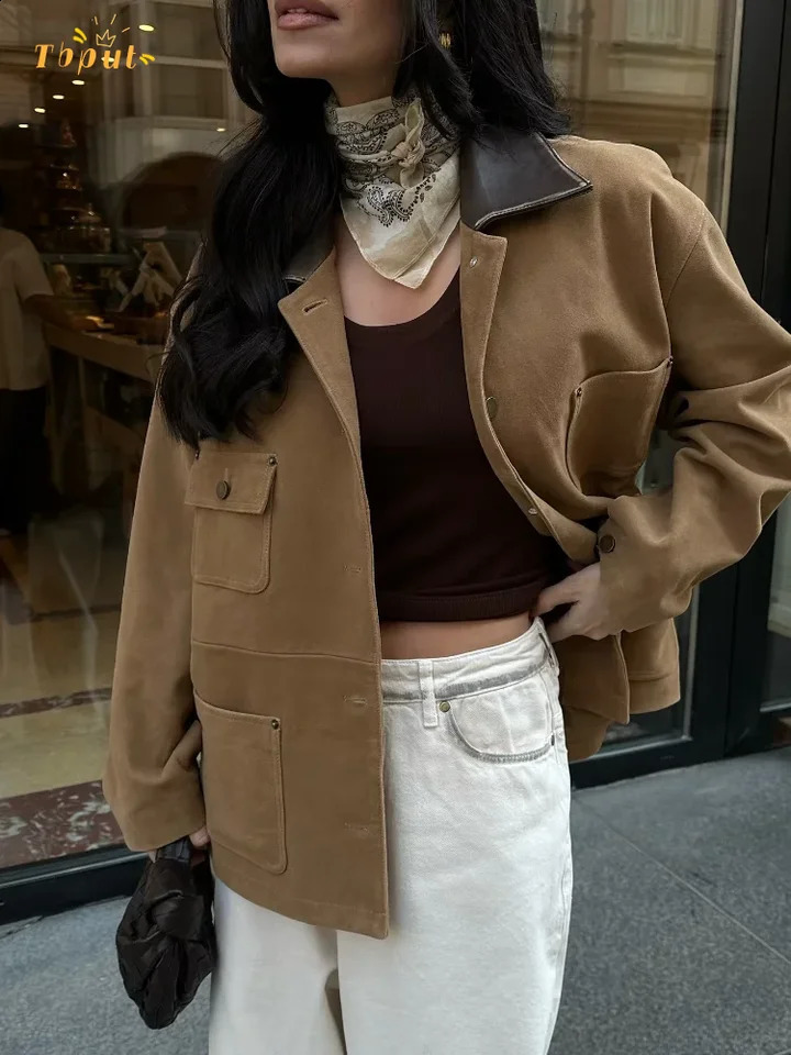 Casual Brown Lapel Suede Autumn Coat Women Fashion Full Sleeve Single Breasted Pocket Loose Jacket Lady Daily Street Outwear 250820