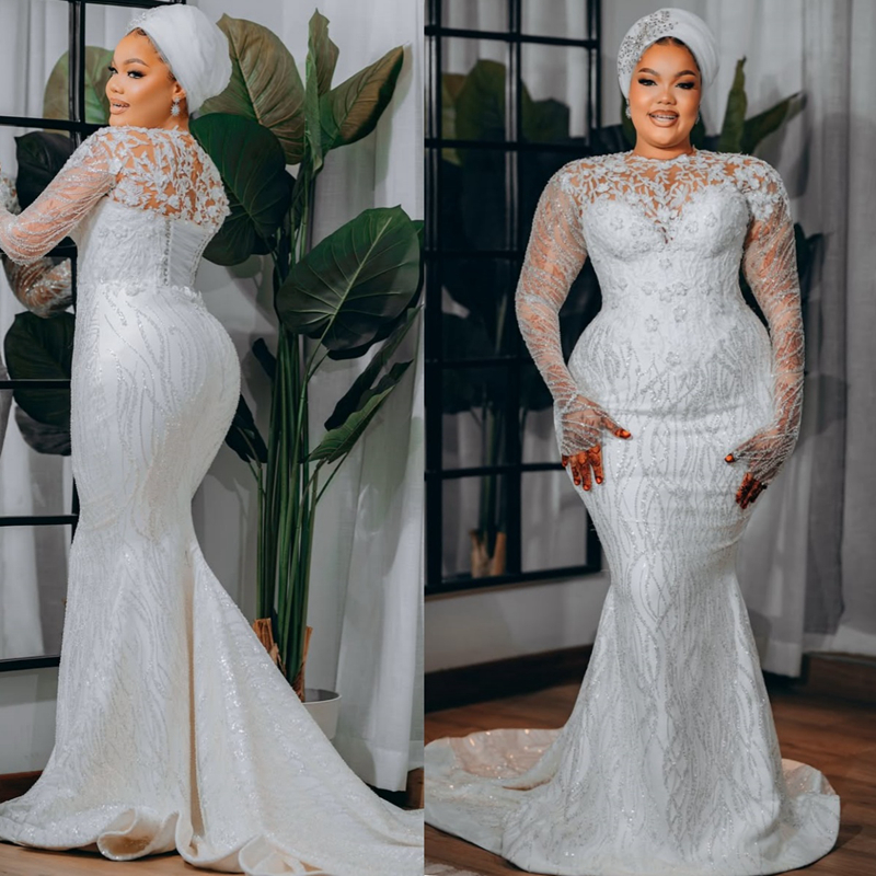 Classic Plus Size Aso Ebi Ivory African Wedding Dress Bridal Gown For Bride Mermaid Wedding Gowns Sheer Neck Long Sleeves Beaded Lace Rhinestones Br