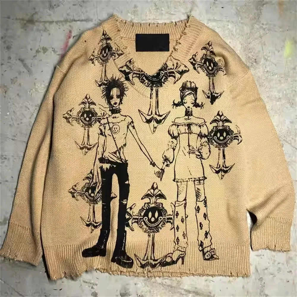 Automne et hiver sombre rétro tricoté pull américain Tendance de rue American Y2K coule rond Sweater à capuche 2550820