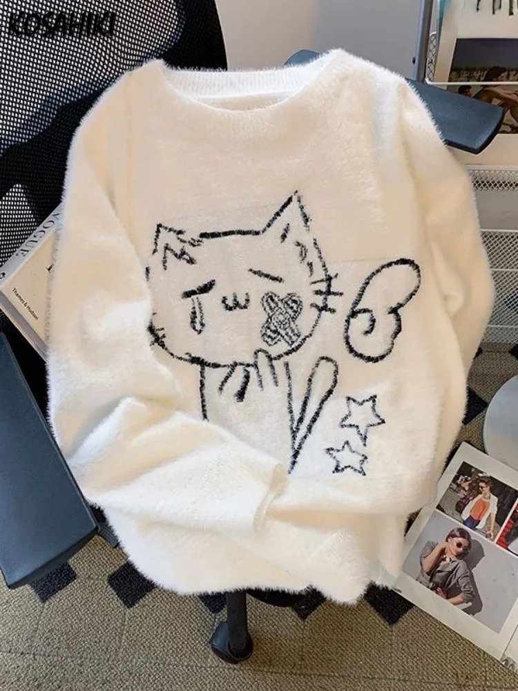 Vintage Preppy Kawaii Cartoon Jacquard Pullovers Sweet Harajuku Loose Grunge Jumpers Y2k Aesthetic Women White Knitted Sweaters250820