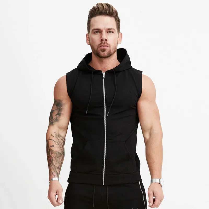 2025 New Mens Zipper T-Shirt Fitness Solid Color Sleeveless Hooded Cardigan Tank Tops Casual Summer Male Sport Running Tops X250821