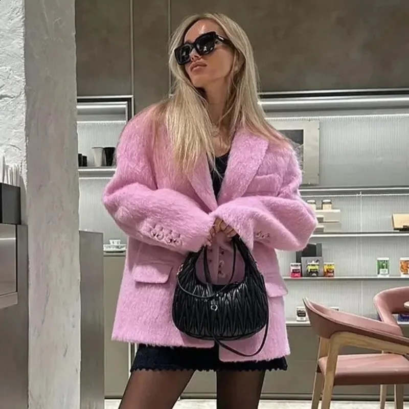 Womens Plush Jacket Fall and Winter Loose Lapel Plush Jacket Elegant Long Sleeve Button Office Womens Blazer Warm Coat 250821