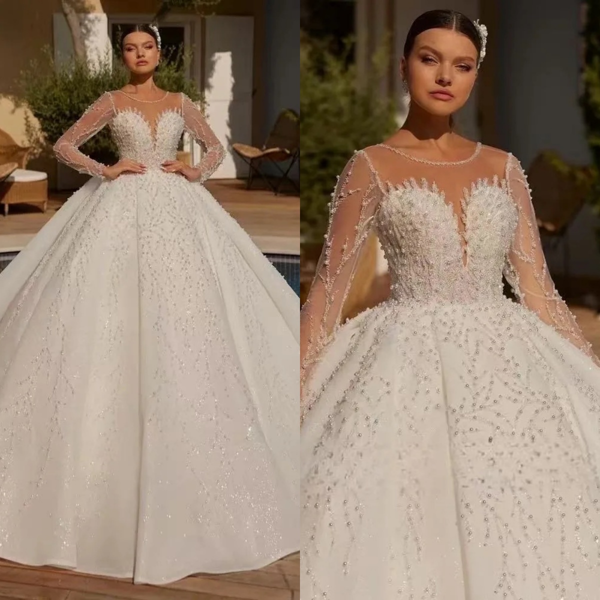 Luxury A Line Women Wedding Dress Jewel Neck Long Sleeves Bridal Gowns Sequins Pearls Beaded Sweep Train Dress Customized vestidos de novia
