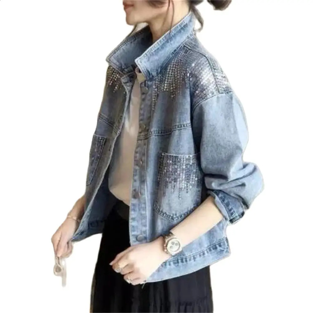 Womens Sequin Pocket Denim Jacket Long Sleeve Coat Casual Outerwear Spring Tops Autumn Fashion 250820
