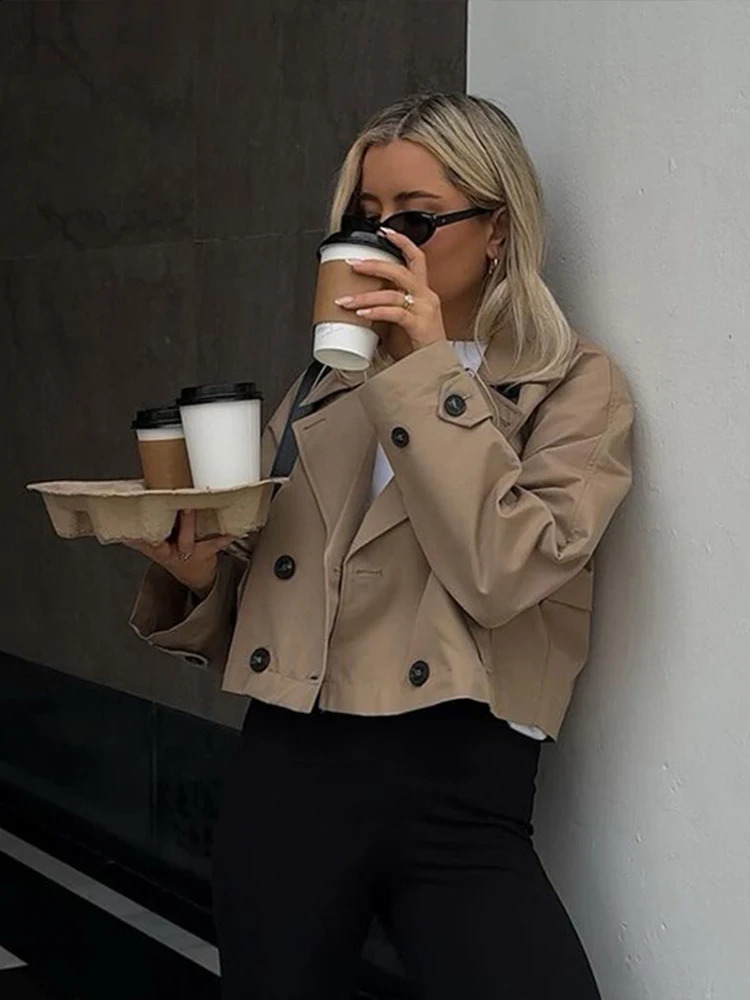 Élégant manteau court solide pour les femmes remin-down collier plein manches doubles vestes de poche d'automne