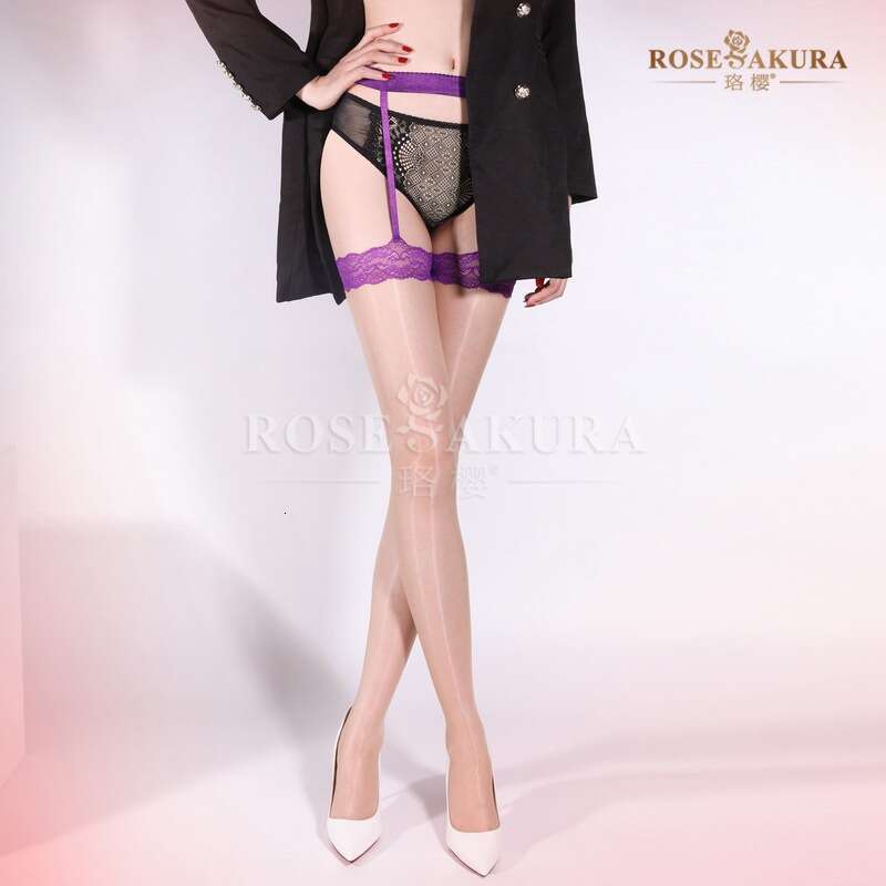 Roseakura Lace Color-Block Aurora Garter Horse Oil Slippery Sexy Shiny Long Tube Black Silk Ultra-Thin Thigh Stockings for Women 8328-image-1072005445