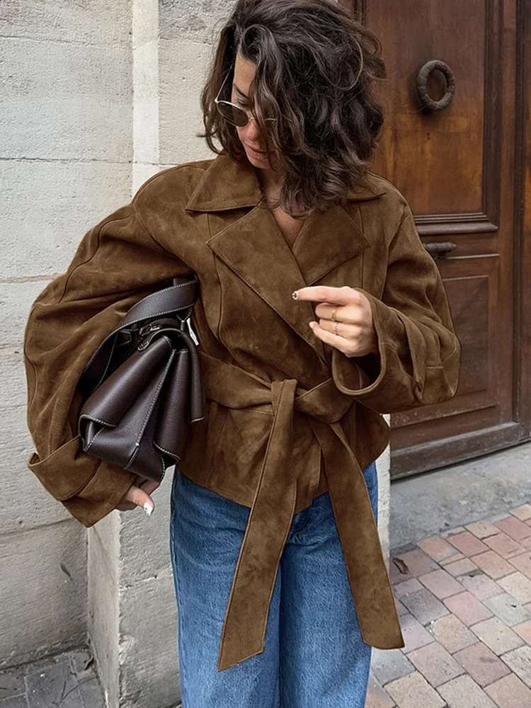 Retro Brown Lace Up Shorts Suede Jacket Elegant Female Lapel Long Sleeves Slim Coats Autumn Chic Lady High Street Outwear 250820