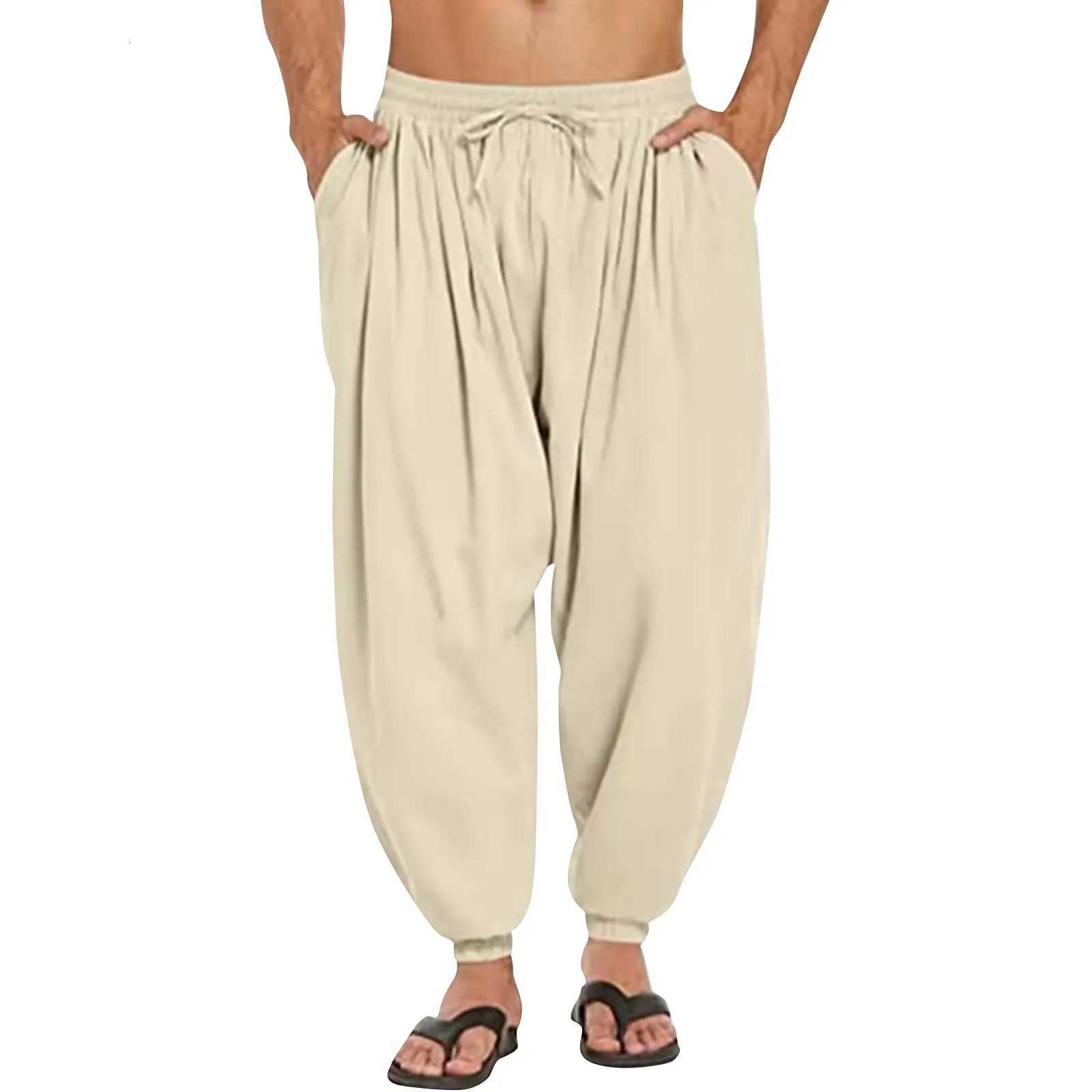 Mens Summer Casual Comfort Loose Drawstring Elastic Waist Front Pocket Cropped Pants Cotton Linen Pleated Thin Pencil Trousers XJ250821
