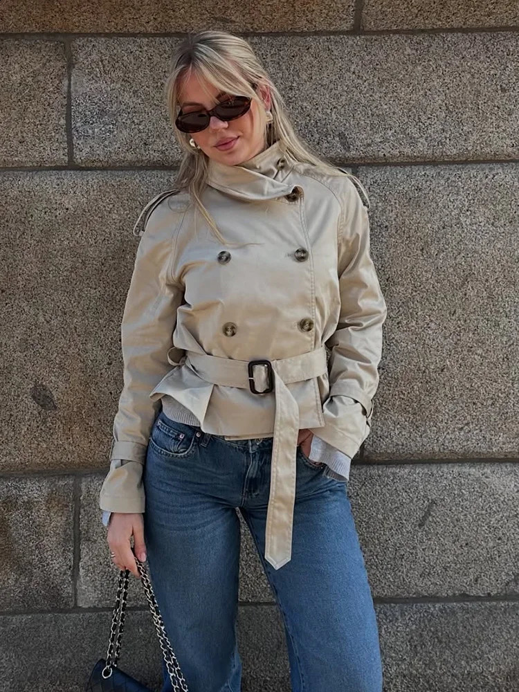 Autumn Womens Short Jacket Trench Coat Belt Double Breasted Stand Collar Long Sleeve Outerwear High Street Windbreaker 250819