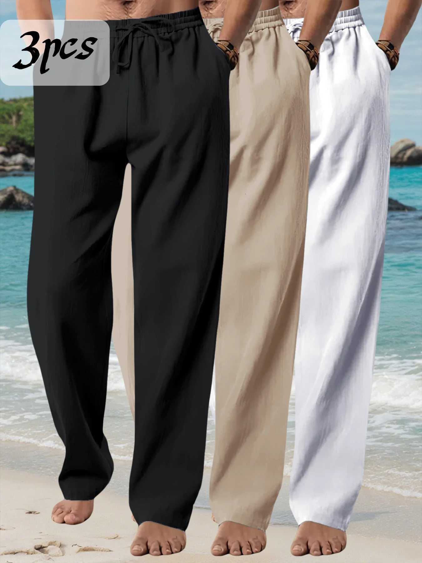 3-Piece Mens Long Pants Summer Solid Color Breathable Trousers Male Casual Elastic Waist Pants Harajuku Streetwear XJ250821