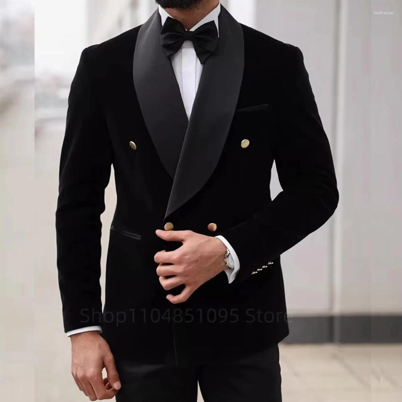 Men's Suits 2 Piece Black/Blue Velvet Men Slim Fit Smart Casual Wedding Dress Shawl Lapel Jacket Pants Groom Tuxedos For Party Prom
