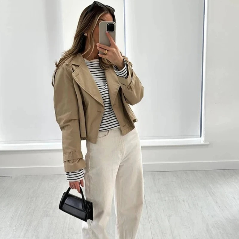 Suninheart Autumn Women Solid Cropped Trench Coat Vintage Double Breasted Long Sleeve Short Jacket Lapel Collar Windbreaker 250819