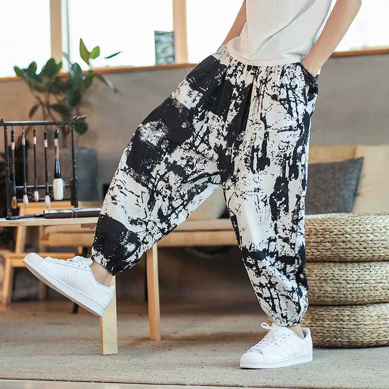 Printed Men Women Baggy Harem Pants Hip Hop Joggers Casual Loose Trousers Crotch Wide Leg Cotton Linen PantsXJ250821