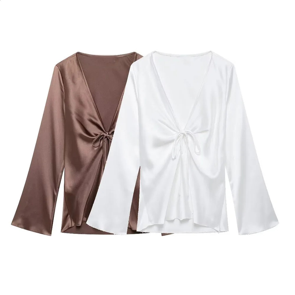 TRAF Women 2024 Autumn Fashion Two-color Silk Satin Textual Bow Shirt Chic V-neck All-match Long-sleeve Top Blouses Mujer250820