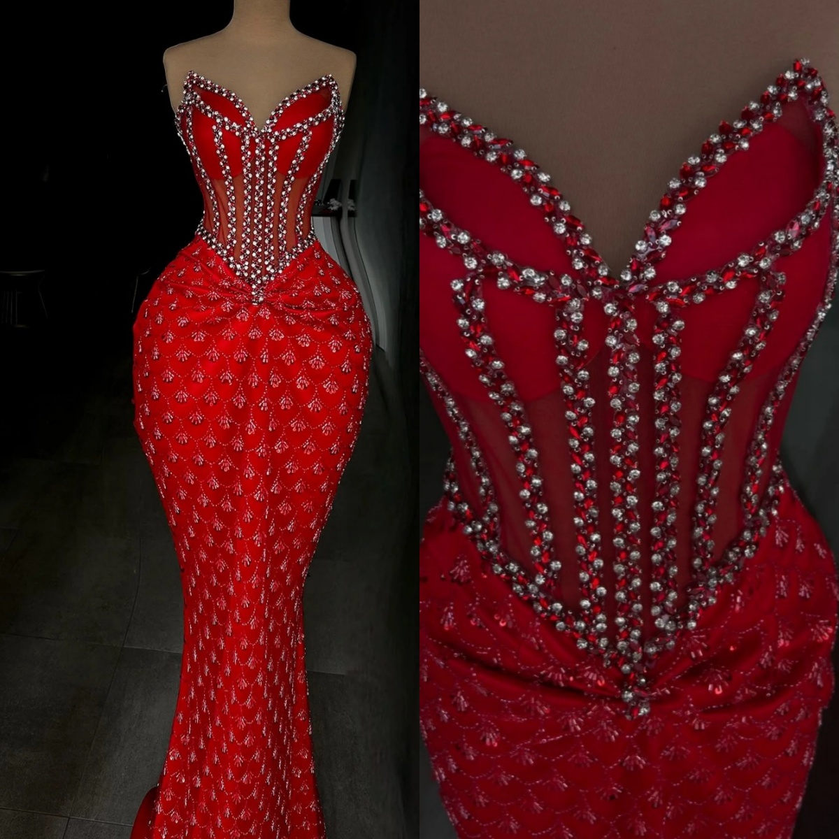 Sparkly Strapless Mermaid Evening Dress Handmade Crystal Beading Prom Gowns Sleeveless Floor Length Party Dresses Customized