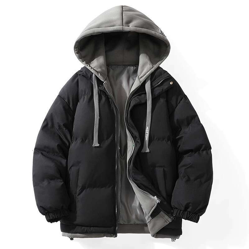 Winter Thickened Warm Couple Puffer Loose Trendy Fake Two-Piece Cotton Coat Men's Hooded Jacket B5