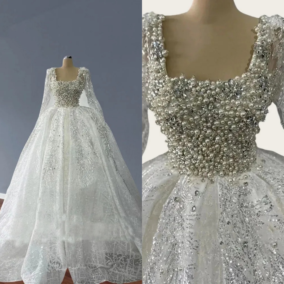 Sparkly A Line Women Wedding Dress Square Neck Long Sleeves Bridal Gowns Sequins Pearls Crystal Sweep Train Dress Customized vestidos de novia