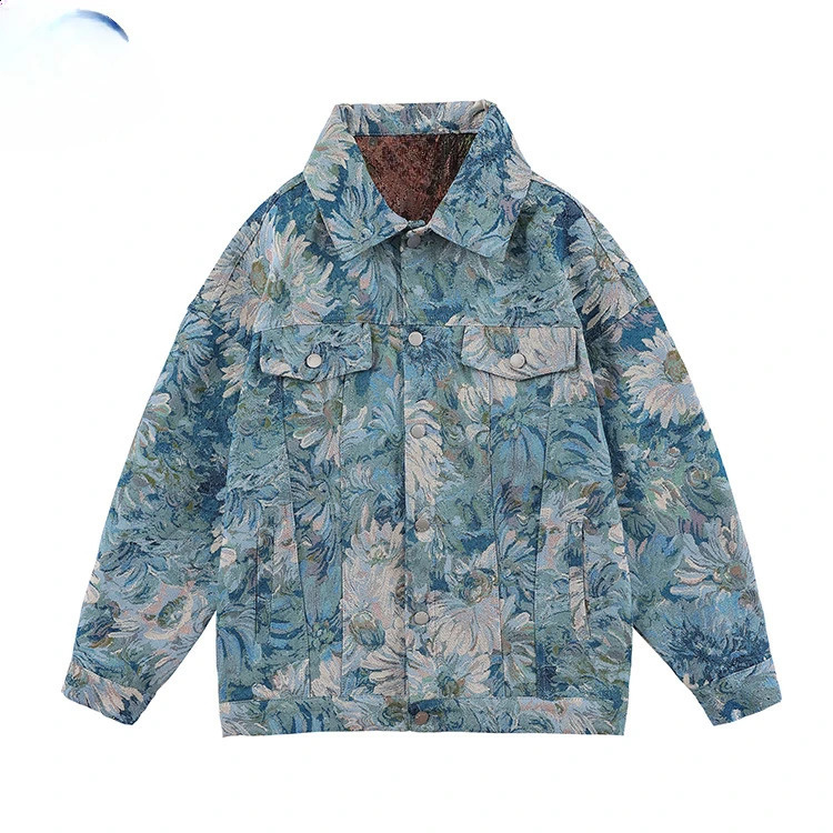 Mens Spring and Autumn Fashion Retro Personality Oil Painting Jacquard Denim CoatLoose Lapel Single Breasted Casual Jacket 250818
