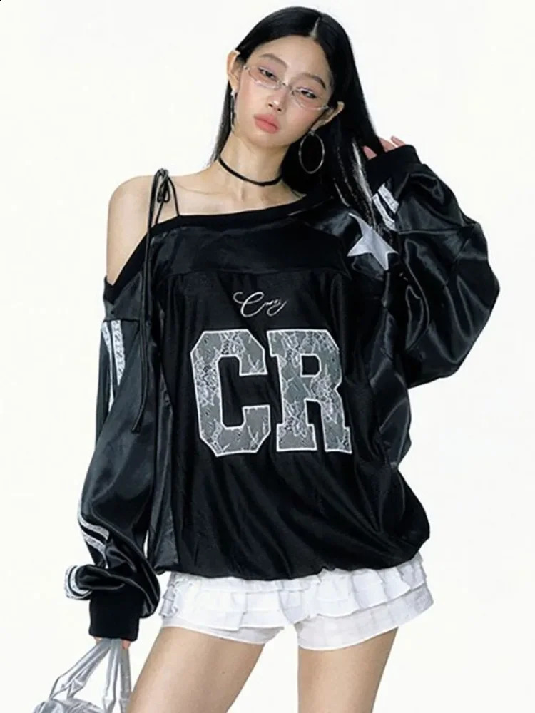 Y2k Aesthetic Lace Letter Hoodie Women Skew Collar Bandage Streetwear Hoody Harajuku Oversized Casual Grunge Sweatshirt 250820