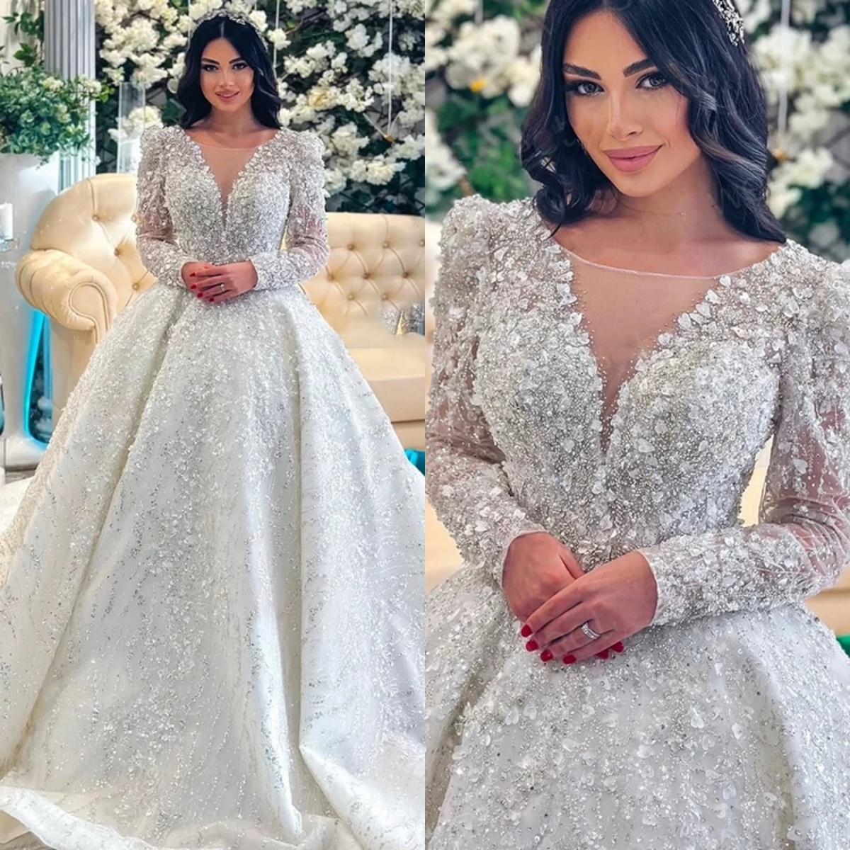 GorgeousA Line Women Wedding Dress Jewel Neck Long Sleeves Bridal Gowns Sequins Appliques Lace Sweep Train Dress Customized vestidos de novia