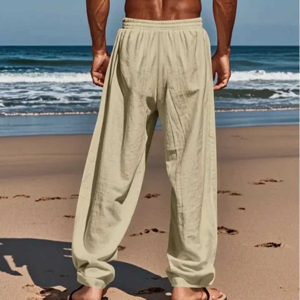 Mens Casual Linen Pants Breathable Cotton Summer Trousers with Drawstring for Beach Daily Wear Travel and Lounge XJ250821