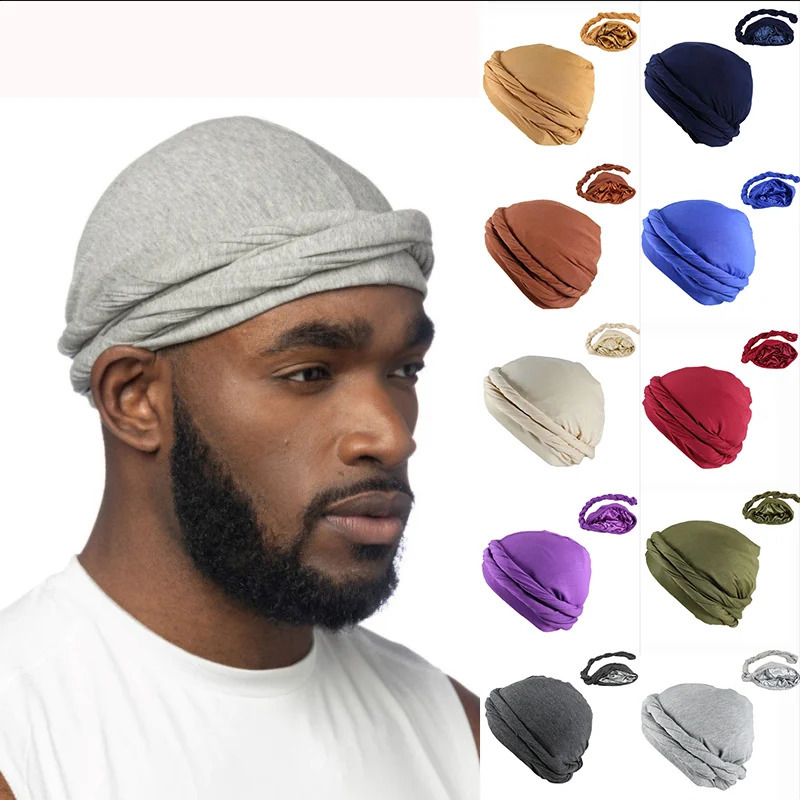 Men Caps Halo Turban Durag Solid Colour Elasticity Pirate Hat Muslim Hijab Turban Satin Lined Headscarf Turban Twist Head Wraps250812