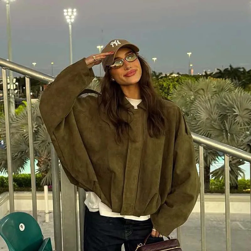 YENKYE Suede Texture Coat Lapel Vintage Pilot Jacket Cargo Top Women Short Oversize Outerwear Baseball Uniform Streetwear 250819