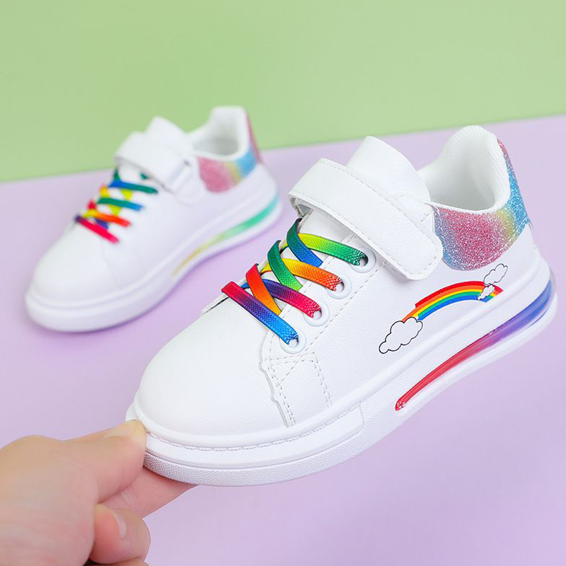Kids Shoes Fashion Rainbow Colorful Girls Boys White Casual PU Leather Walkfashion Children Sport Toddler Sneakers Board Shoes Sizes 26 - 37 W0307