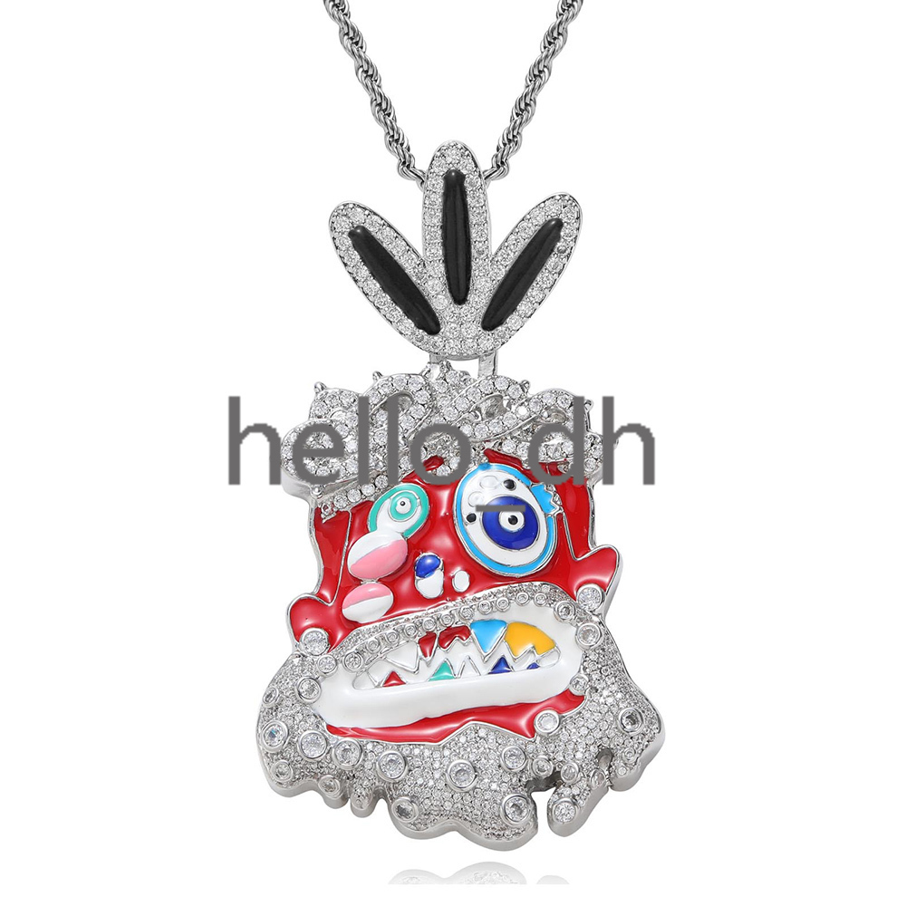 High Quality Micro Setting Diamond Pendant White Gold Custom Colorful Enamel Dripping Oil Cartoon Pendant Hip Hop Rapper Jewelry