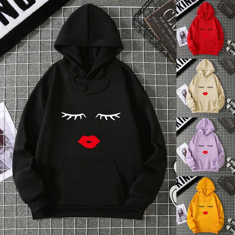 2025 Pretty Cute Eye Lashes Red Lips Print Women Hoodie Summer Casual Short Sleeve O Neck t-shirt Ladies White Hooded Sweatshirt 250820